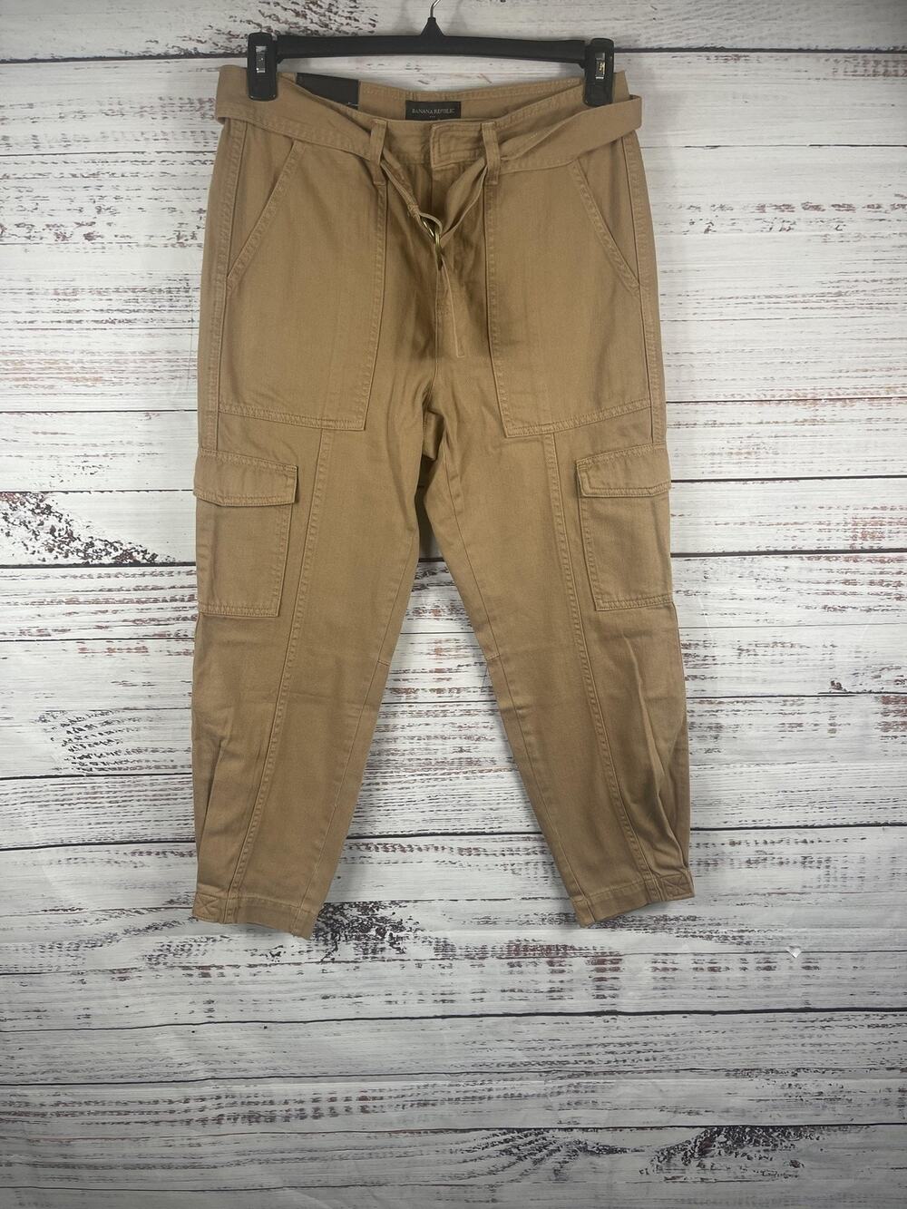 Banana Republic Pants Women's 2 Tan Cargo Utility Belted Pockets Cotton Ankle